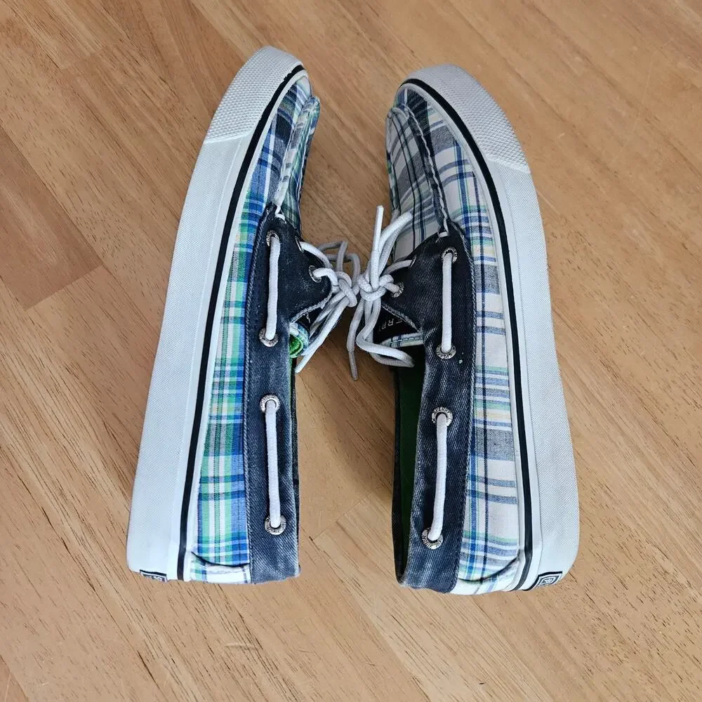 Sperry Top Sider Blue Green Plaid Boat Shoes sz 7.5M